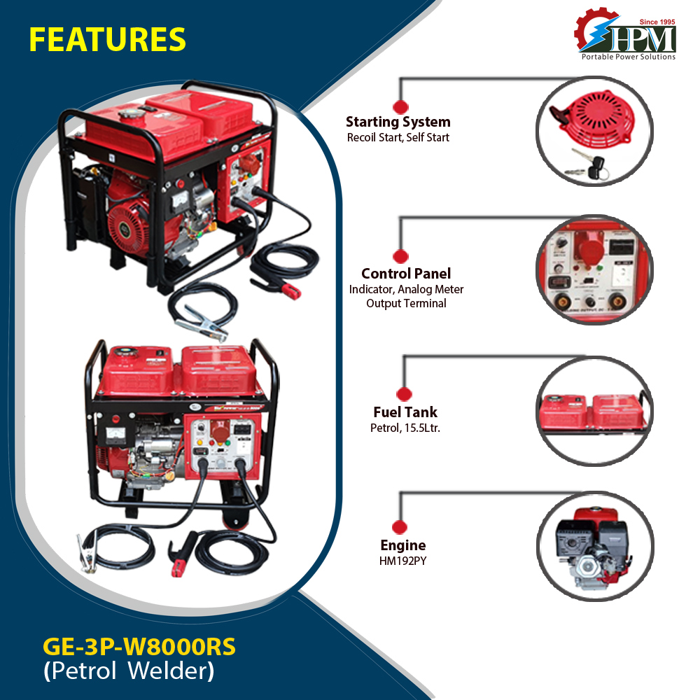 200 Amps Welding Generator 3 Phase - 6 KW,  Petrol Run, Model GE-3P-W8000RS